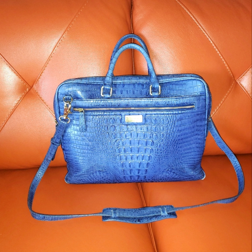 RARE Brahmin Melbourne Cobalt Blue Croc Embossed Leather Briefcase